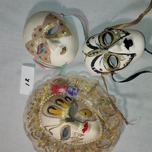 Vintage Hand Painted Carnival Face Masks Ceramic Set Of Three Butterfly Design